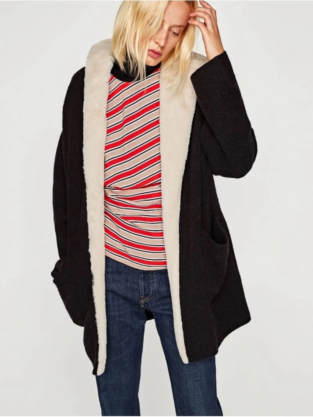 Zara Black Cardigan with Cream Sherpa Trim